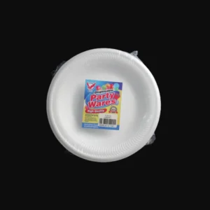 Disposable polyfoam plate for party or gathering.